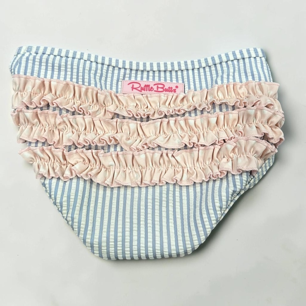 RuffleButts Seersucker Ruffle Swim Bottoms Blue White Striped Size 5 Girls